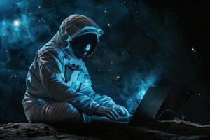 ai generiert Astronaut mit Laptop auf Mond foto