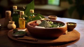 ai generiert ayurvedisch Kräuter- Heilmittel im ayurvedisch Spa Dekor. generativ ai foto