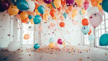 ai generiert Zimmer gefüllt mit viele von Luftballons und Konfetti. generativ ai foto