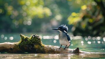 ai generiert Vogel thront auf Log im Wasser foto