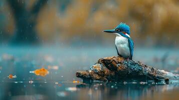 ai generiert Vogel thront auf Log im Wasser foto