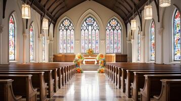 ai generiert Kapelle Hochzeit mit historisch befleckt Glas Fenster. generativ ai foto