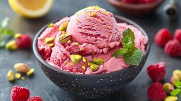 ai generiert Schüssel von Eis Sahne mit Himbeeren und Pistazie foto