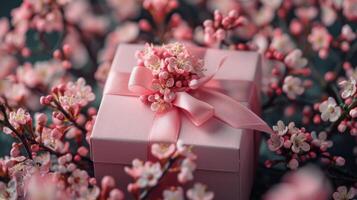 ai generiert Rosa Geschenk Box mit Bogen foto