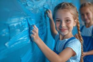 ai generiert zwei jung Mädchen Gemälde ein Mauer mit Blau Farbe foto