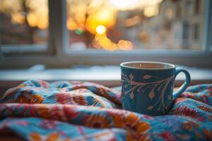 ai generiert Morgen Kaffee durch das Fenster foto