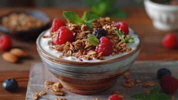 ai generiert zwei Schalen von Granola und Beeren foto