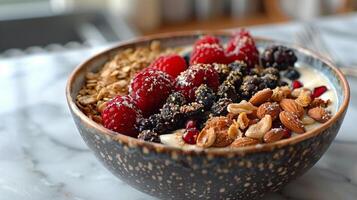 ai generiert zwei Schalen von Granola und Beeren foto