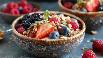 ai generiert drei Schalen von Joghurt mit Beeren und Granola foto