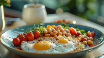 ai generiert Teller von Essen mit Eier, Tomaten, und Bohnen foto