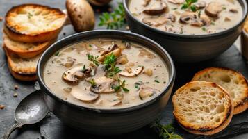 ai generiert Pilz Suppe mit Brot foto