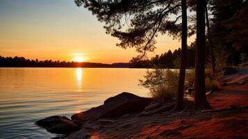 ai generiert Sonnenuntergang Über ein See mit Bäume und Felsen. generativ ai foto