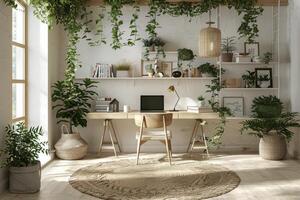ai generiert Zimmer mit Pflanzen und Laptop auf Schreibtisch foto