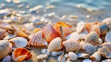 ai generiert Muscheln auf ein sandig Strand. generativ ai foto