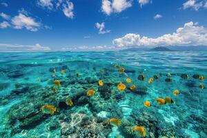 ai generiert Schule von Fisch Schwimmen im Wasser foto