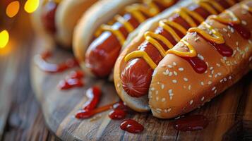 ai generiert zwei heiß Hunde mit Senf und Ketchup auf Schneiden Tafel foto