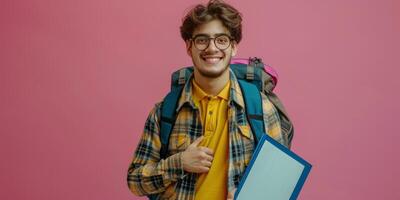 ai generiert Mann Tragen Rucksack und Mappe foto