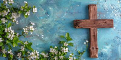 ai generiert Kreuz auf Blau Mauer unter Blumen foto