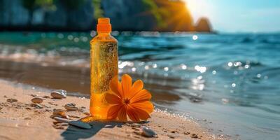 ai generiert Orange Flasche auf sandig Strand foto