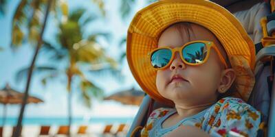 ai generiert wenig Mädchen im Gelb Hut und Sonnenbrille foto