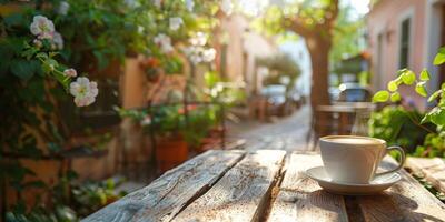 ai generiert Tasse von Kaffee auf hölzern Tabelle foto