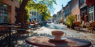 ai generiert ein Tasse von Kaffee auf hölzern Tabelle foto