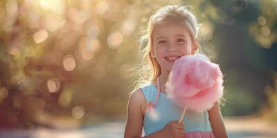 ai generiert jung Mädchen halten Rosa Baumwolle Süßigkeiten foto