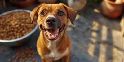 ai generiert braun Hund Stehen Nächster zu Essen Schüssel foto