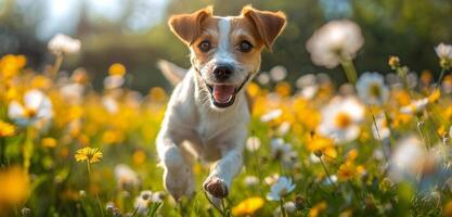 ai generiert klein Weiß und braun Hund Laufen im Feld von Blumen foto