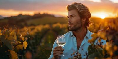 ai generiert Mann halten Glas von Wein im Weinberg foto