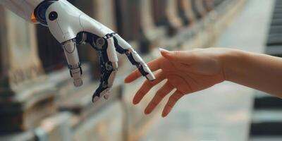 ai generiert Roboter Hand erreichen aus zu Personen Hand foto