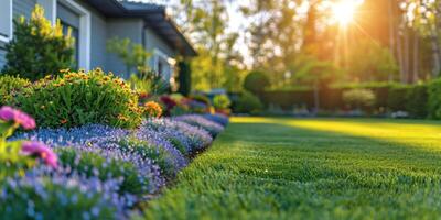 ai generiert Reihe von Blumen im Vorderseite von Haus foto