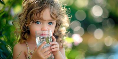 ai generiert wenig Mädchen halten Glas von Wasser foto