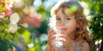 ai generiert wenig Mädchen halten Glas von Wasser foto