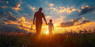 ai generiert Mann und Kind Gehen im Feld beim Sonnenuntergang foto