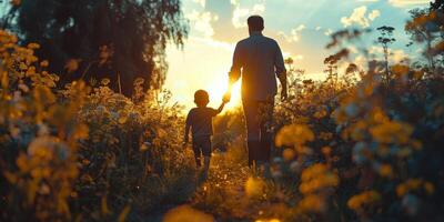 ai generiert Mann und Kind Gehen im Feld beim Sonnenuntergang foto