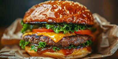 ai generiert klassisch Hamburger mit Käse und Grüner Salat im Papier Verpackung foto