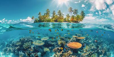 ai generiert unter Wasser Aussicht von Koralle Riff mit tropisch Bäume foto