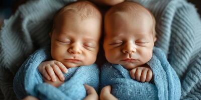 ai generiert zwei Neugeborene Babys eingewickelt im Blau Decken foto