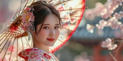 ai generiert Frau im Kimono halten Regenschirm foto