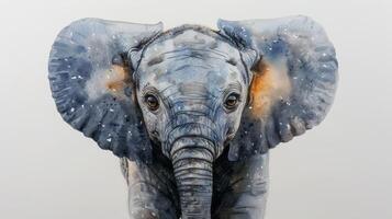 ai generiert ein liebenswert Aquarell von ein Baby Elefant, es ist sanft Augen und Diskette Ohren gebracht zu Leben foto