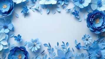 ai generiert Blau Papier Blumen Hintergrund mit Raum zum Text oder Gruß Karte Design foto