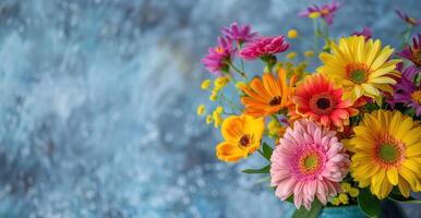 ai generiert ein beschwingt Strauß von Frühling Blumen, minimalistisch lebendig Hintergrund foto