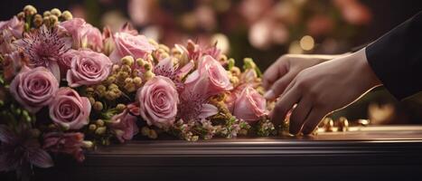 ai generiert Hand Rahmen Blumen durch das Sarg foto