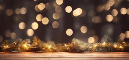ai generiert hölzern Tabelle Hintergrund Weihnachten Baum mit Licht von Fee Beleuchtung foto