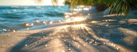 ai generiert das Weiß Sand auf ein Strand, Kokosnuss Palme Bäume und Wasser foto