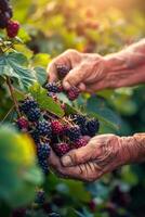 ai generiert Mann pflücken Brombeeren von Busch foto