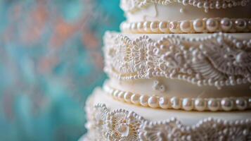 ai generiert schließen oben von ein Hochzeit Kuchen mit Perlen foto