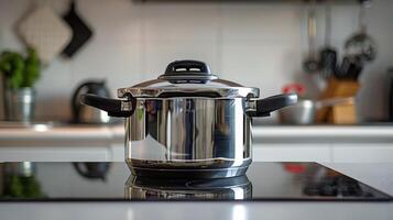 ai generiert rostfrei Stahl Druck Kocher auf Küche Zähler foto