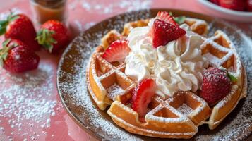 ai generiert Waffel gekrönt mit ausgepeitscht Sahne und Erdbeeren foto